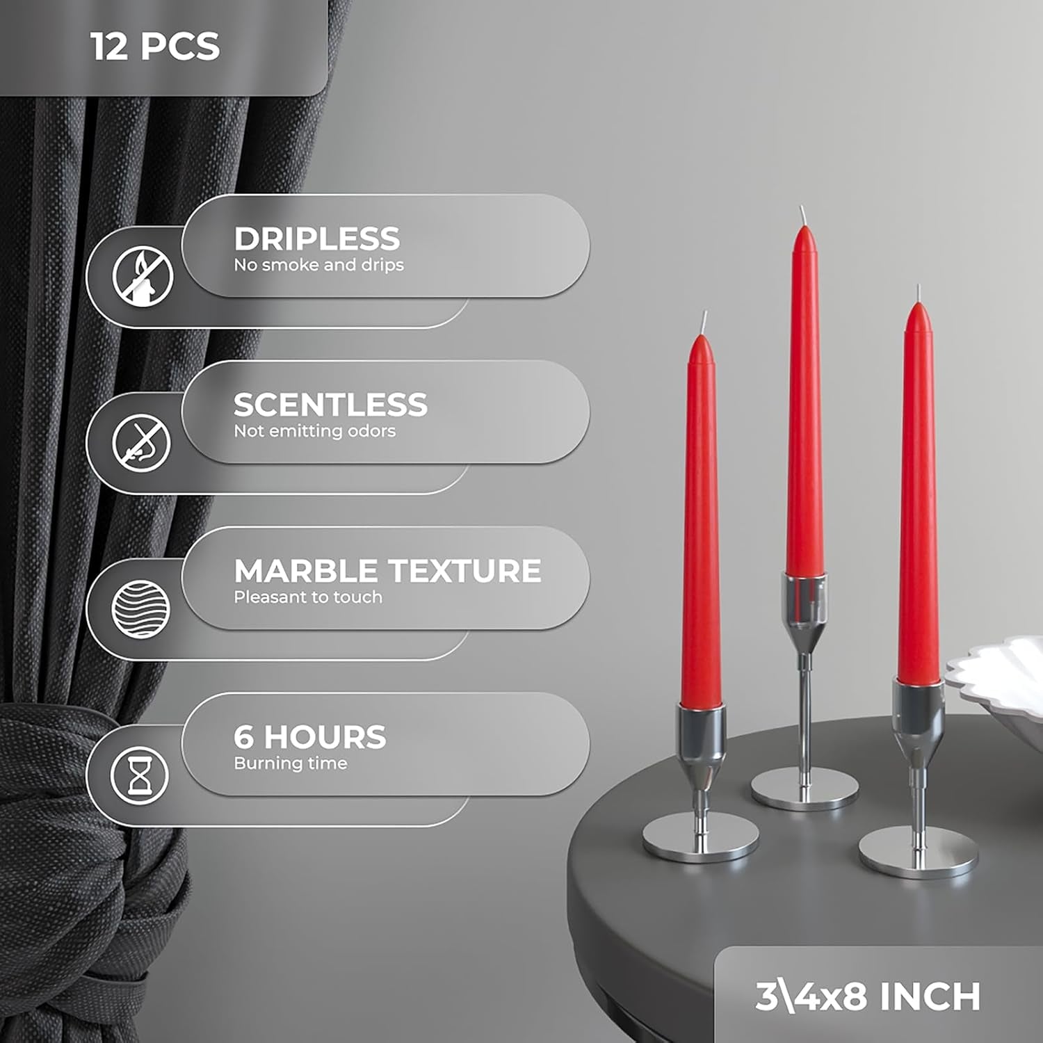 8 Inch Tapered Candles Set of 12 - Dripless Dinner Candle Sticks - Long Burning Candlesticks Perfect for Dinner, Party or Wedding Decor - Red Candles
