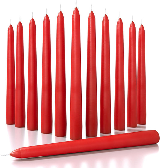 8 Inch Tapered Candles Set of 12 - Dripless Dinner Candle Sticks - Long Burning Candlesticks Perfect for Dinner, Party or Wedding Decor - Red Candles