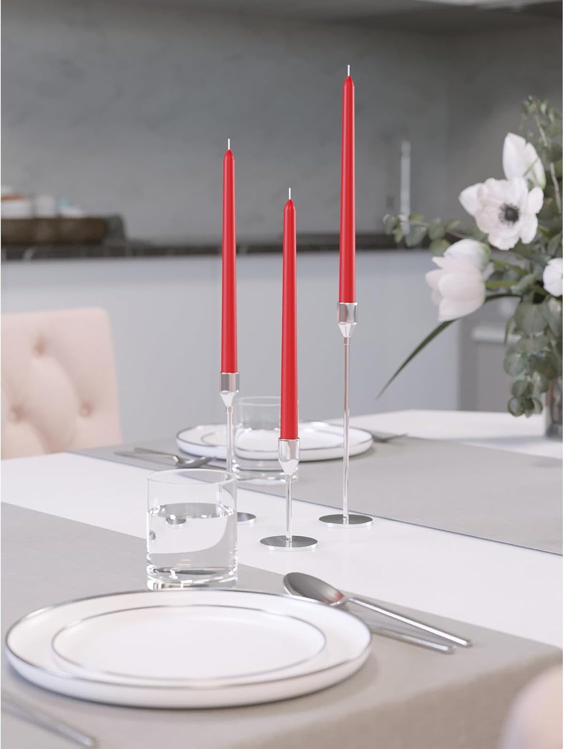 8 Inch Tapered Candles Set of 12 - Dripless Dinner Candle Sticks - Long Burning Candlesticks Perfect for Dinner, Party or Wedding Decor - Red Candles